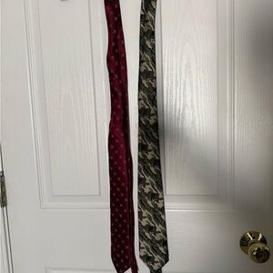 2 Ties - 1 Burgundy w/ Silver Skulls, 1 Green/Brown Camouflage